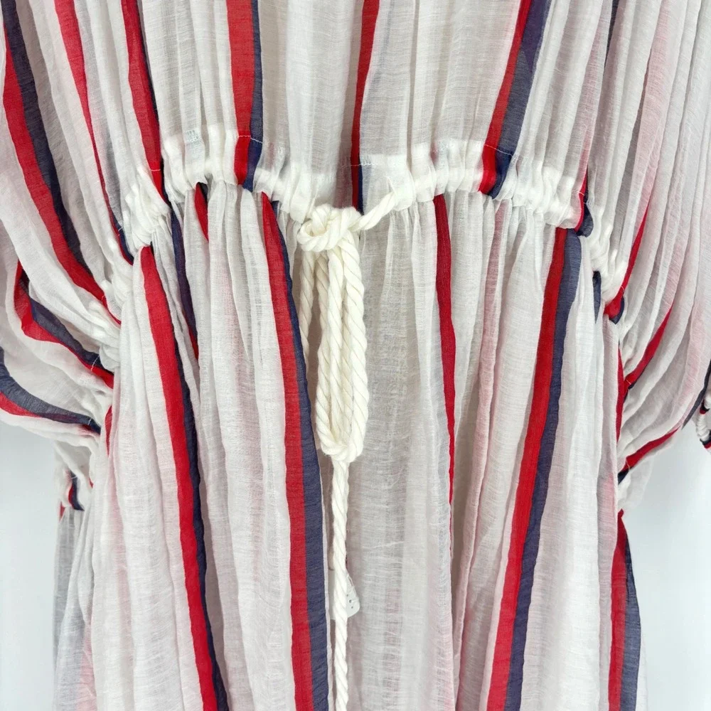 Lovebinetti Womens Small Red White Blue Striped Cotton Gauze Midi Dress Boho